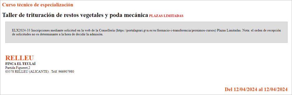  TALLER DE TRITURACIÓN DE RESTOS VEGETALES Y PODA MECÁNICA PLAZAS LIMITADAS